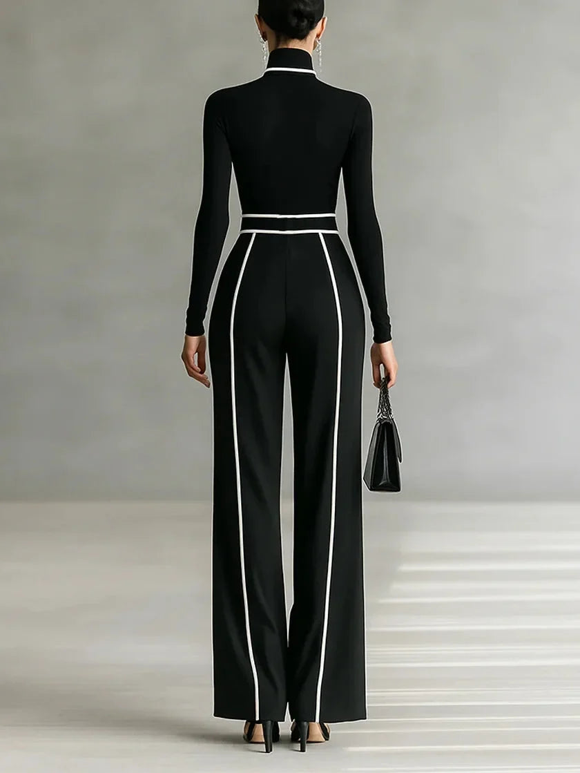 Women's high-neck long-sleeve wide-leg matching set with belt and contrast trim
