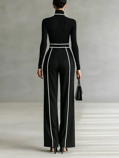 Women's high-neck long-sleeve wide-leg matching set with belt and contrast trim