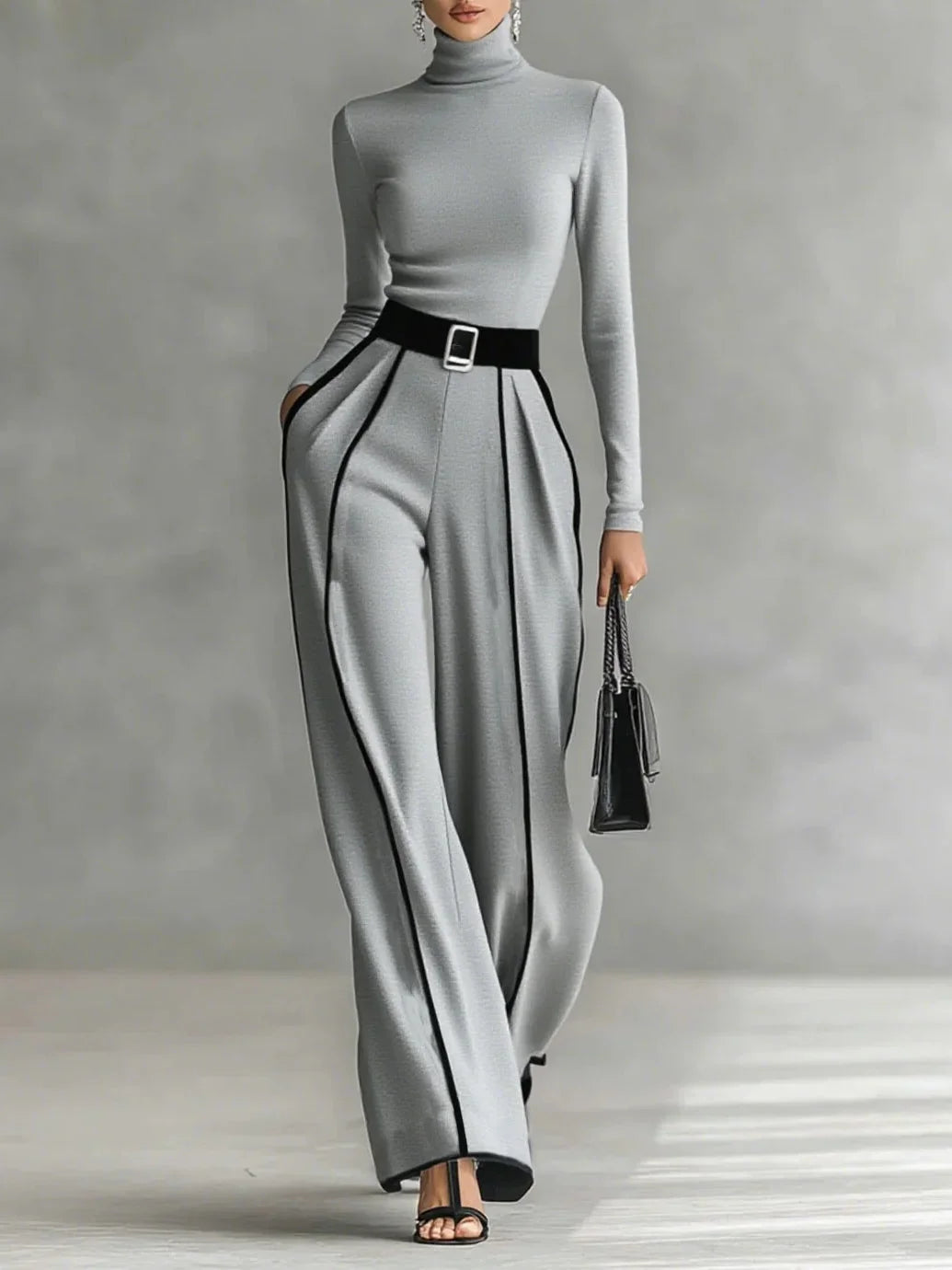 Women's high-neck long-sleeve wide-leg matching set with belt and contrast trim – Grey