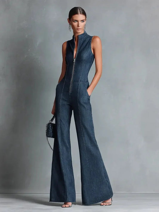 Women's high neck zip front flare leg denim jumpsuit – Blue