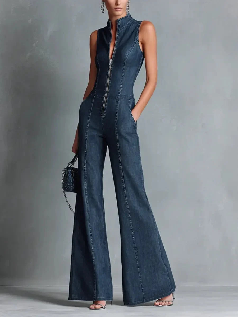 Women's high neck zip front flare leg denim jumpsuit – Blue