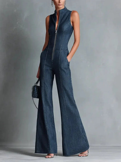 Women's high neck zip front flare leg denim jumpsuit – Blue