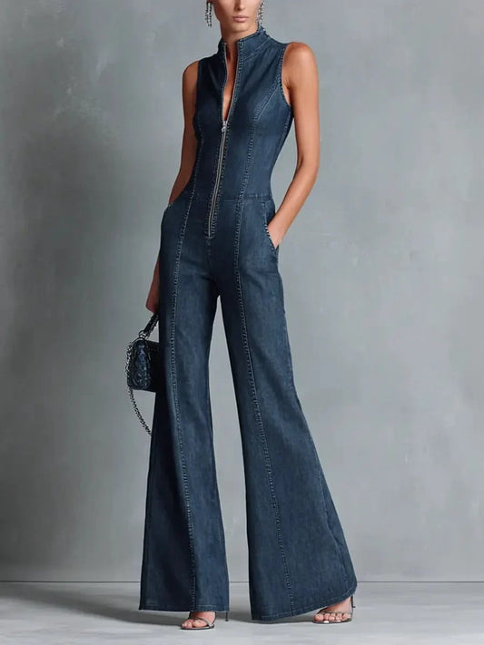 Women's high neck zip front flare leg denim jumpsuit – Blue