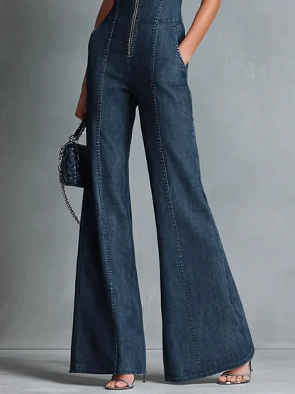 Women's high neck zip front flare leg denim jumpsuit – Blue
