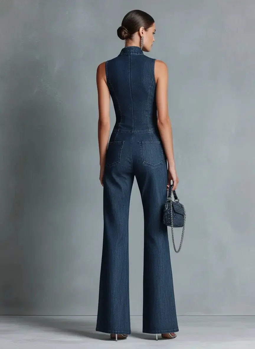 Women's high neck zip front flare leg denim jumpsuit – Blue