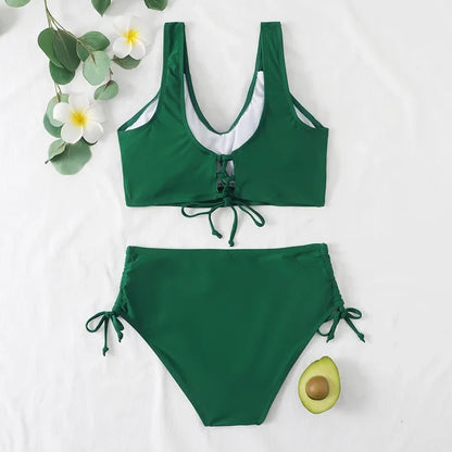 Women's high-waisted bikini with wrap front V-neck top and side ties