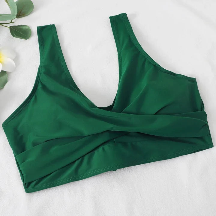 Women's high-waisted bikini with wrap front V-neck top and side ties