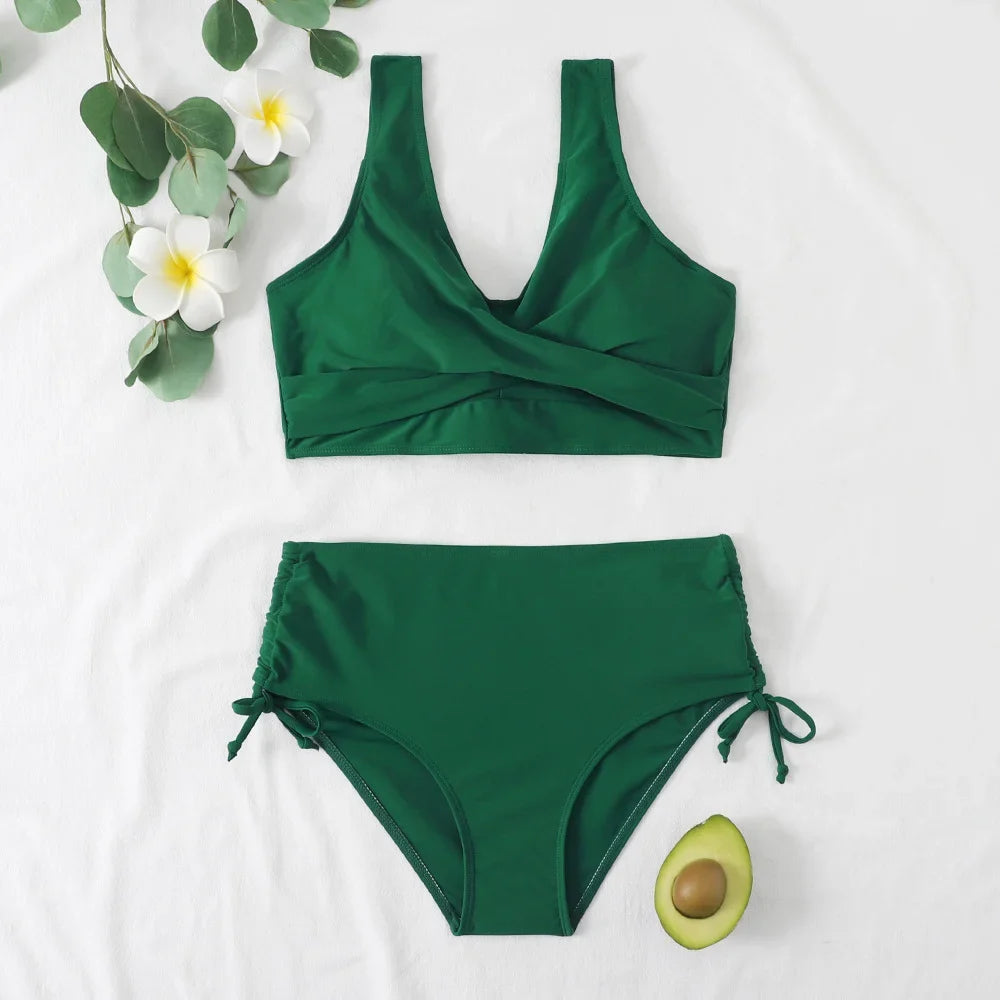 Women's high-waisted bikini with wrap front V-neck top and side ties – Green