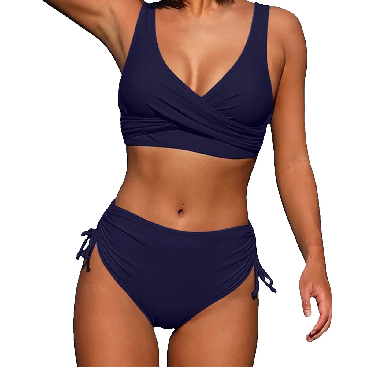 Women's high-waisted bikini with wrap front V-neck top and side ties – Navy Blue