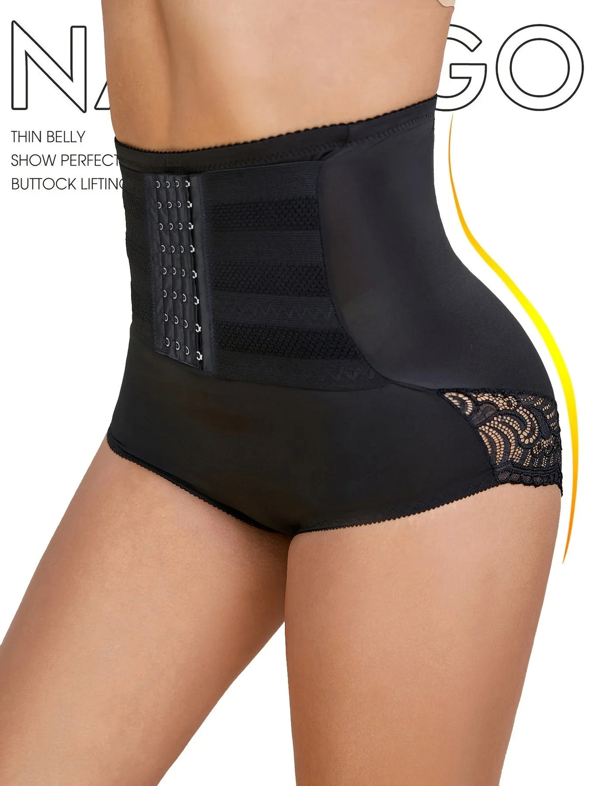 Women's high-waisted compression lace shapewear briefs with hook-and-eye closure