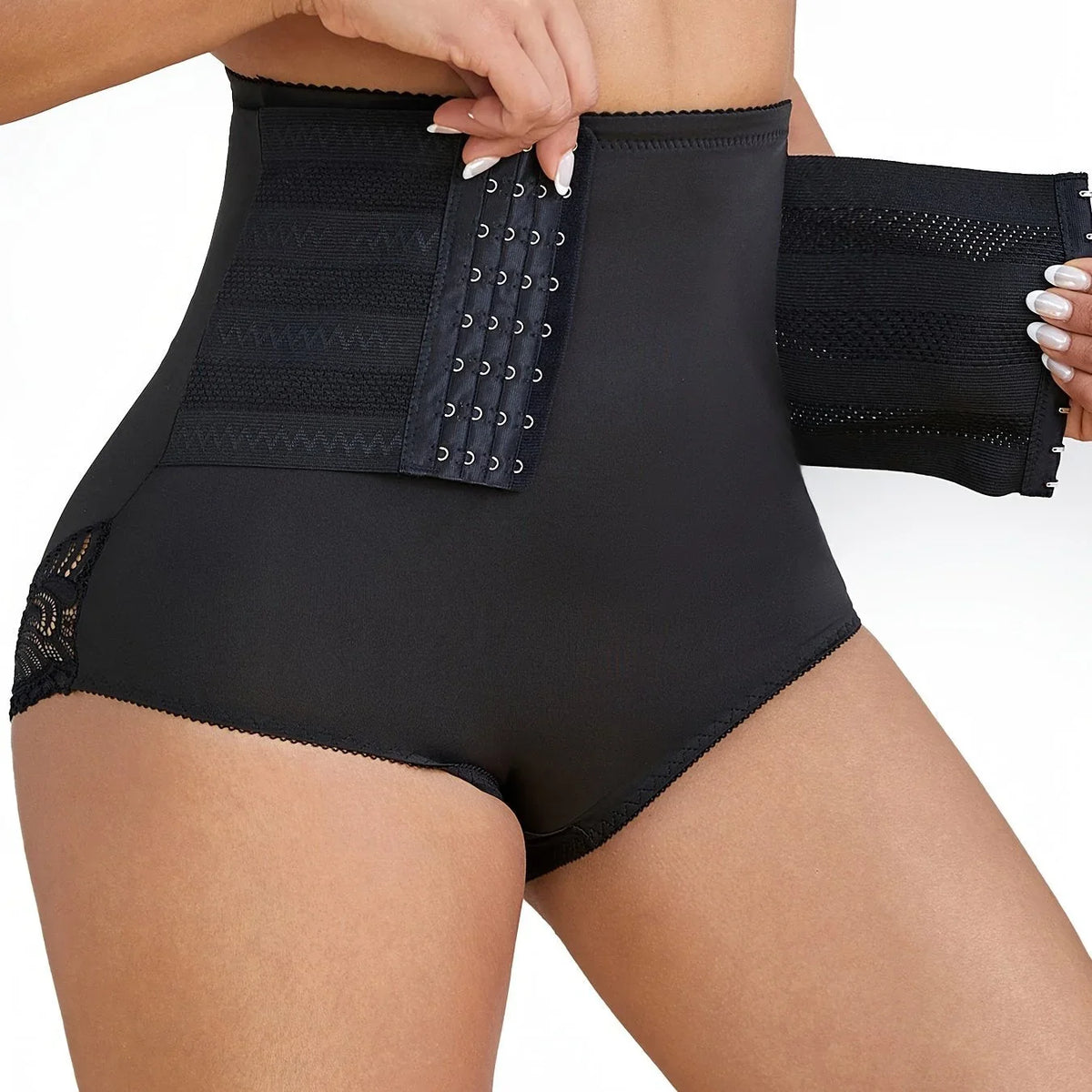 Women's high-waisted compression lace shapewear briefs with hook-and-eye closure – Black