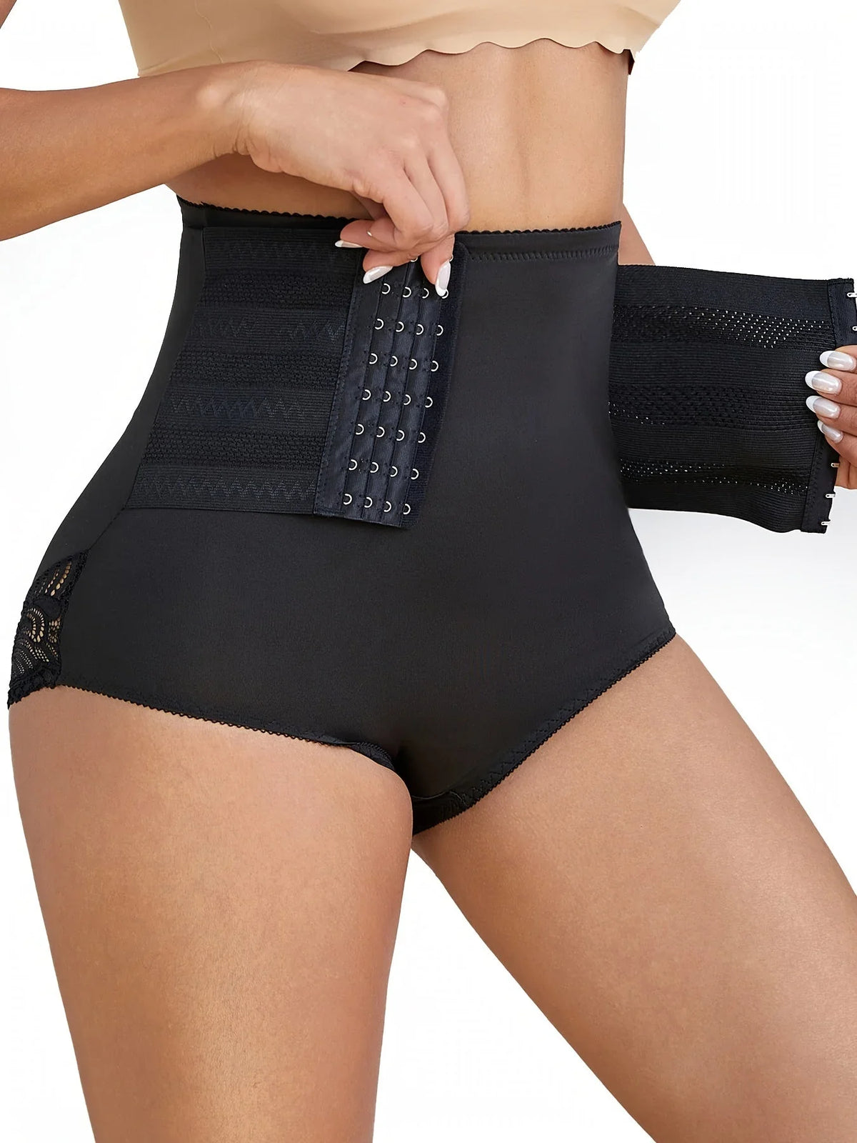 Women's high-waisted compression lace shapewear briefs with hook-and-eye closure