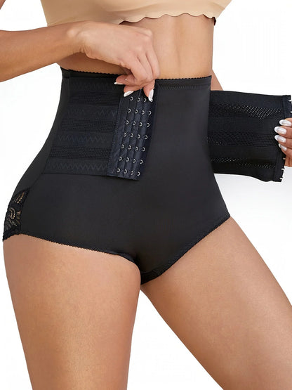 Women's high-waisted compression lace shapewear briefs with hook-and-eye closure