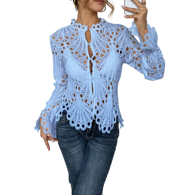 Women's hollow-out lace long sleeve blouse with keyhole high neck – Blue
