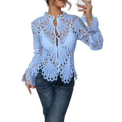 Women's hollow-out lace long sleeve blouse with keyhole high neck – Blue
