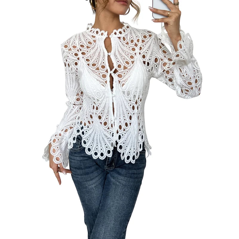 Women's hollow-out lace long sleeve blouse with keyhole high neck – Off White