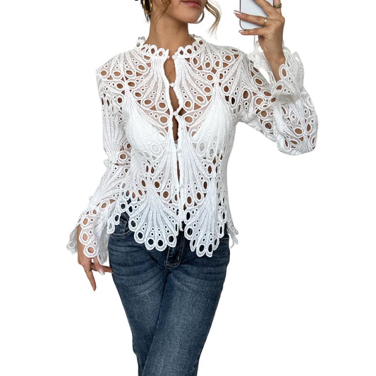 Women's hollow-out lace long sleeve blouse with keyhole high neck – Off White
