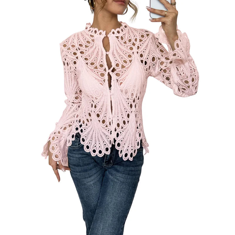Women's hollow-out lace long sleeve blouse with keyhole high neck – Pink