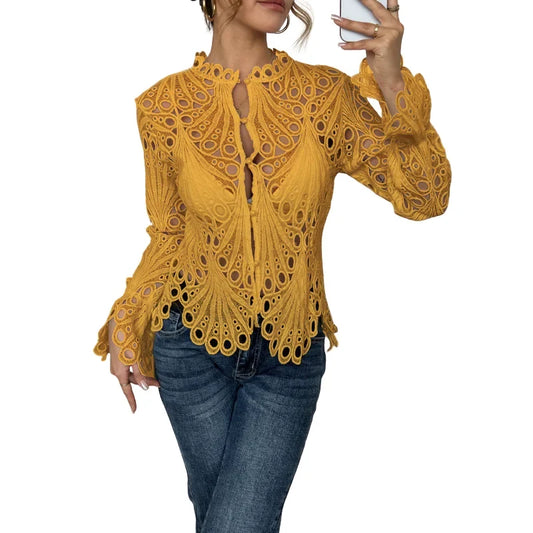 Women's hollow-out lace long sleeve blouse with keyhole high neck – Yellow