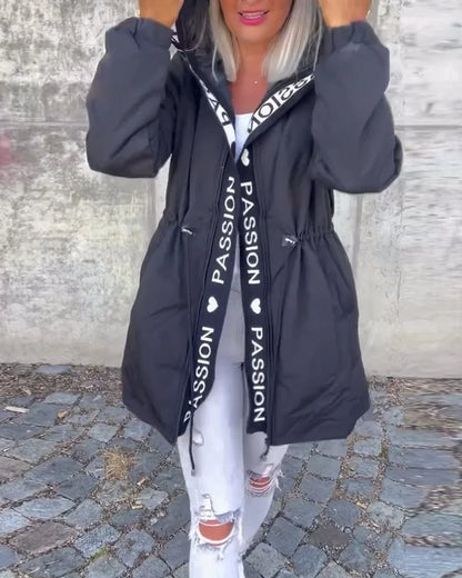 Women's hooded drawstring midi parka coat – Black