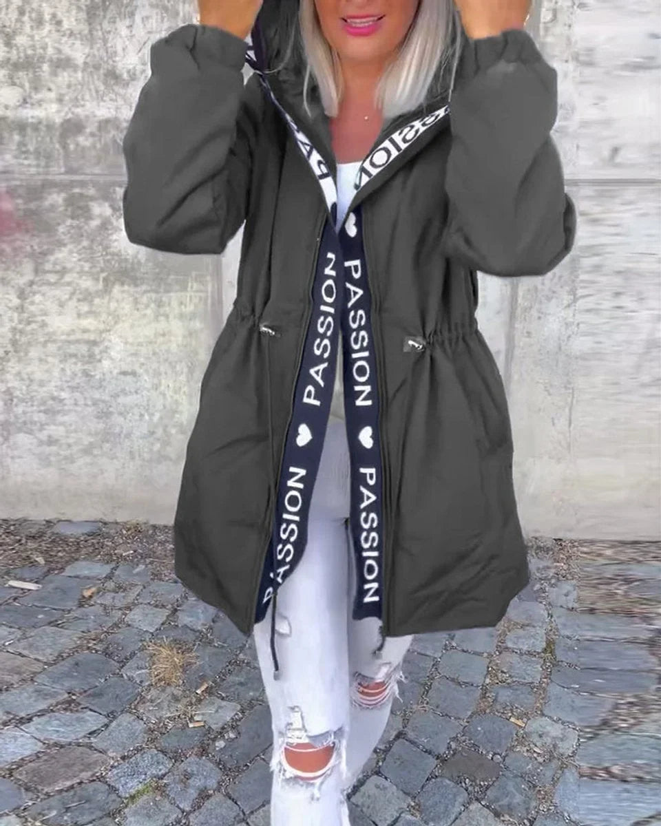 Women's hooded drawstring midi parka coat – Gray