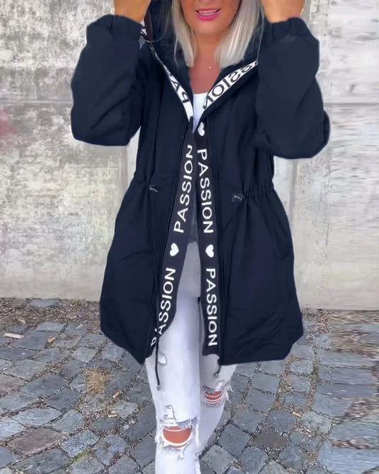 Women's hooded drawstring midi parka coat – Navy Blue