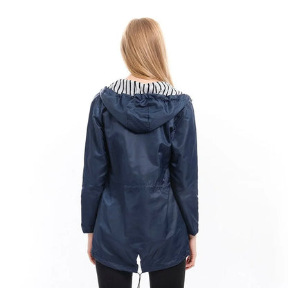Women's hooded drawstring waterproof rain coat