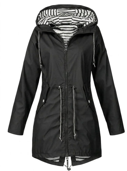 Women's hooded drawstring waterproof rain coat – Black