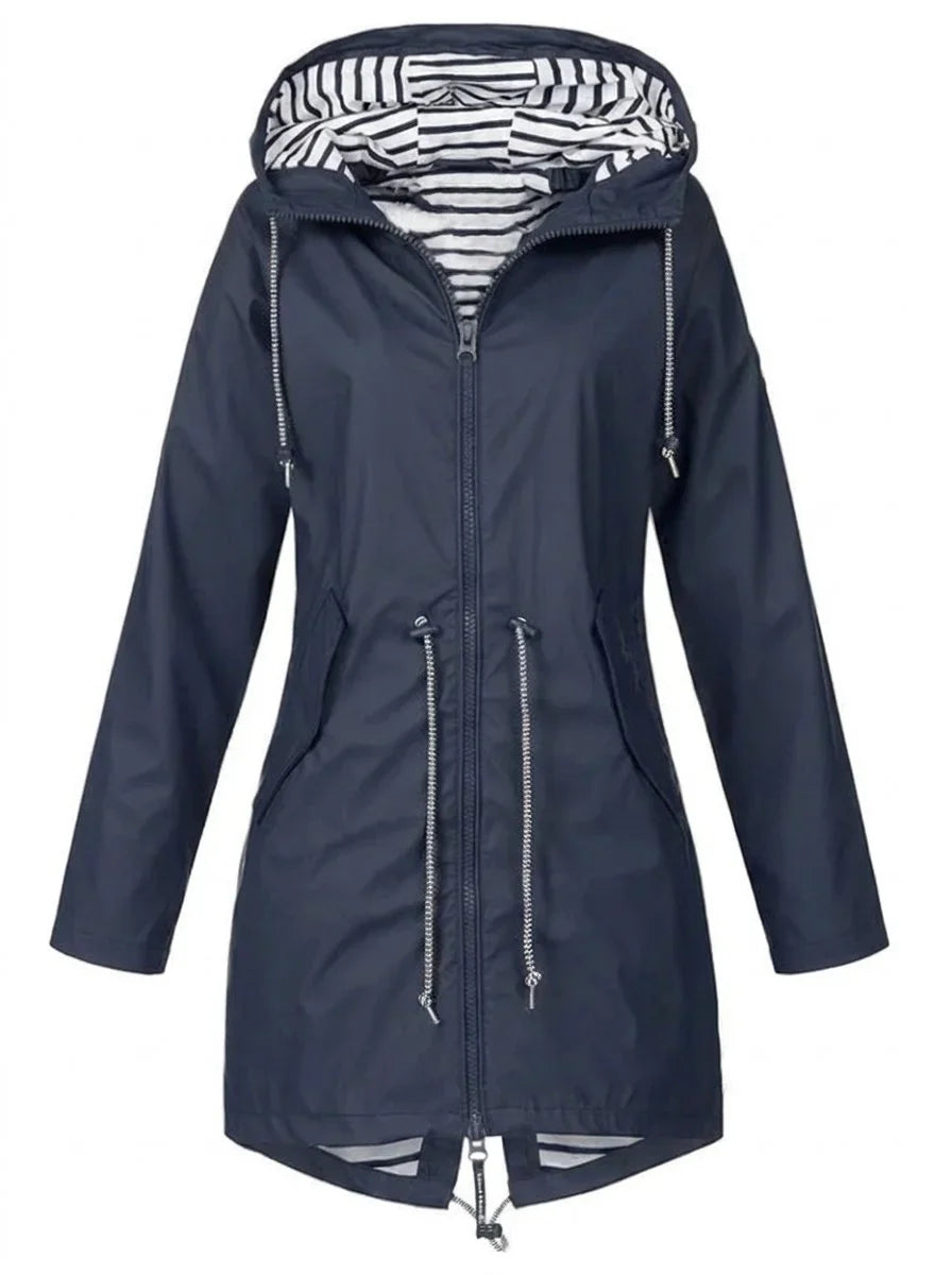 Women's hooded drawstring waterproof rain coat – Blue