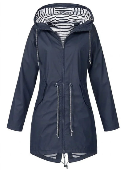 Women's hooded drawstring waterproof rain coat – Blue