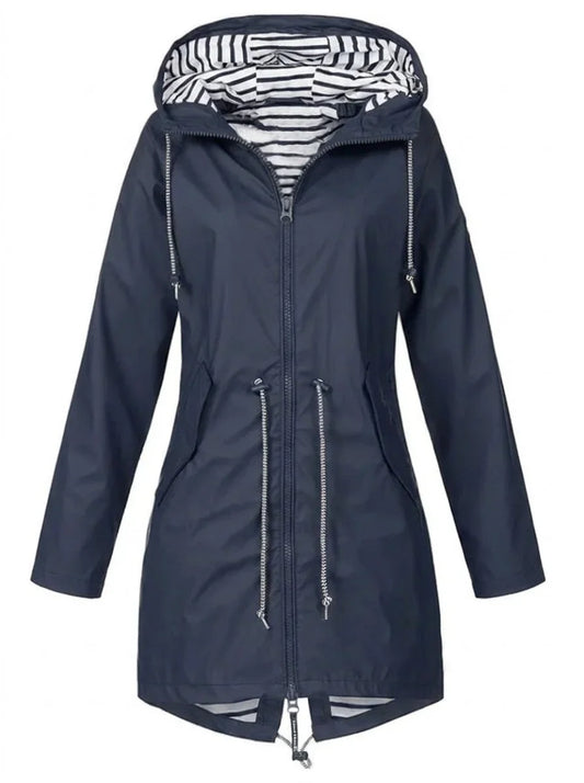 Women's hooded drawstring waterproof rain coat – Blue