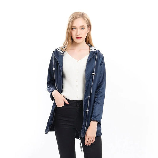 Women's hooded drawstring waterproof rain coat