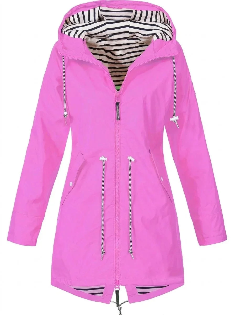 Women's hooded drawstring waterproof rain coat – Pink