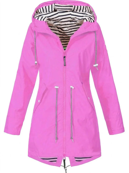 Women's hooded drawstring waterproof rain coat – Pink