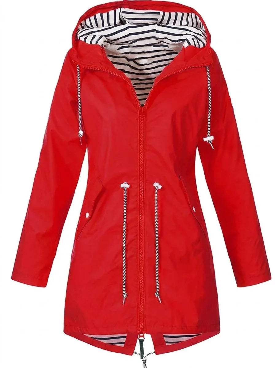 Women's hooded drawstring waterproof rain coat – Red