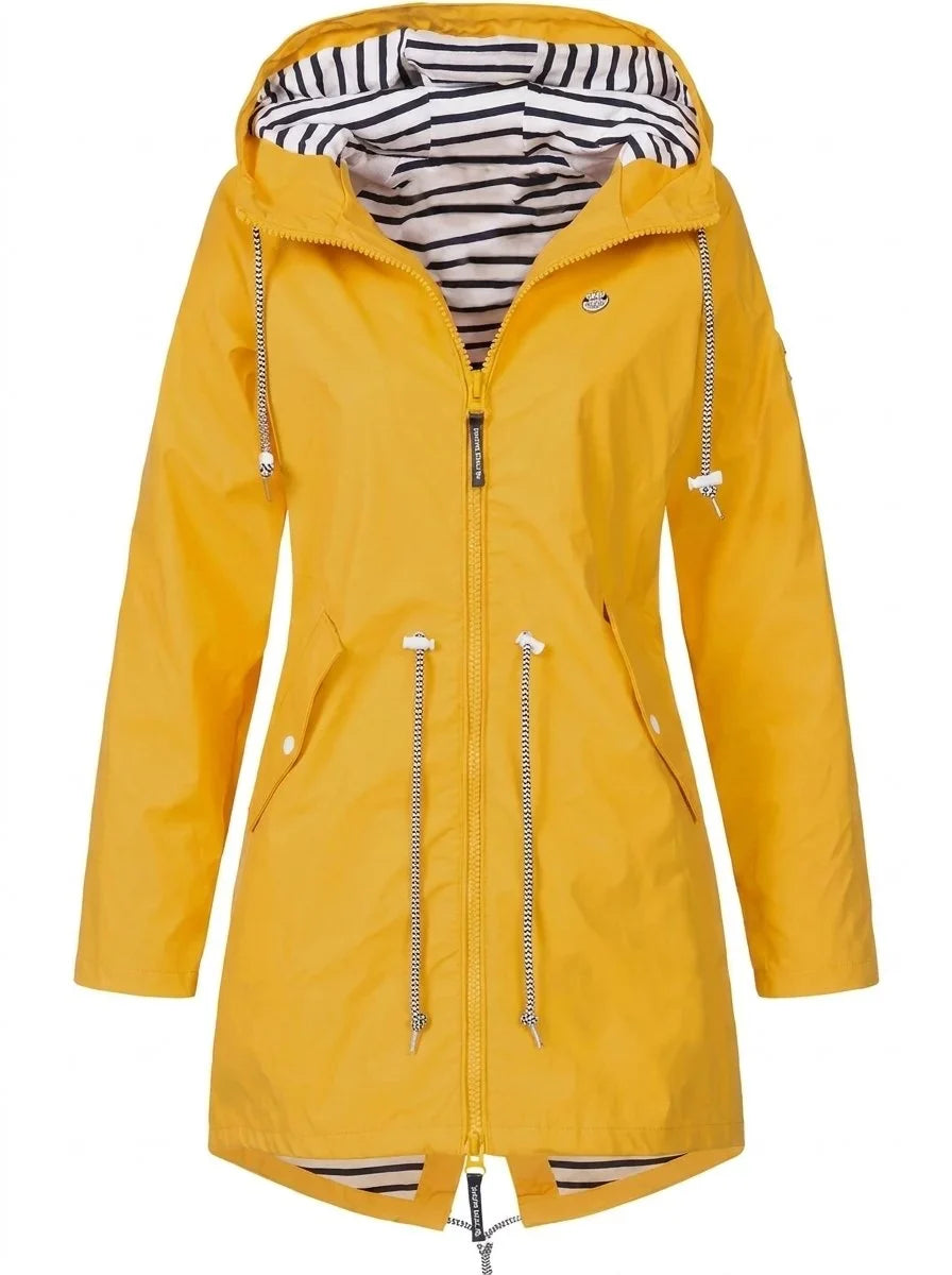 Women's hooded drawstring waterproof rain coat – Yellow
