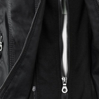 Women's hooded faux leather moto coat removable hood