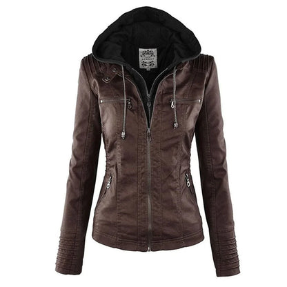 Women's hooded faux leather moto coat removable hood