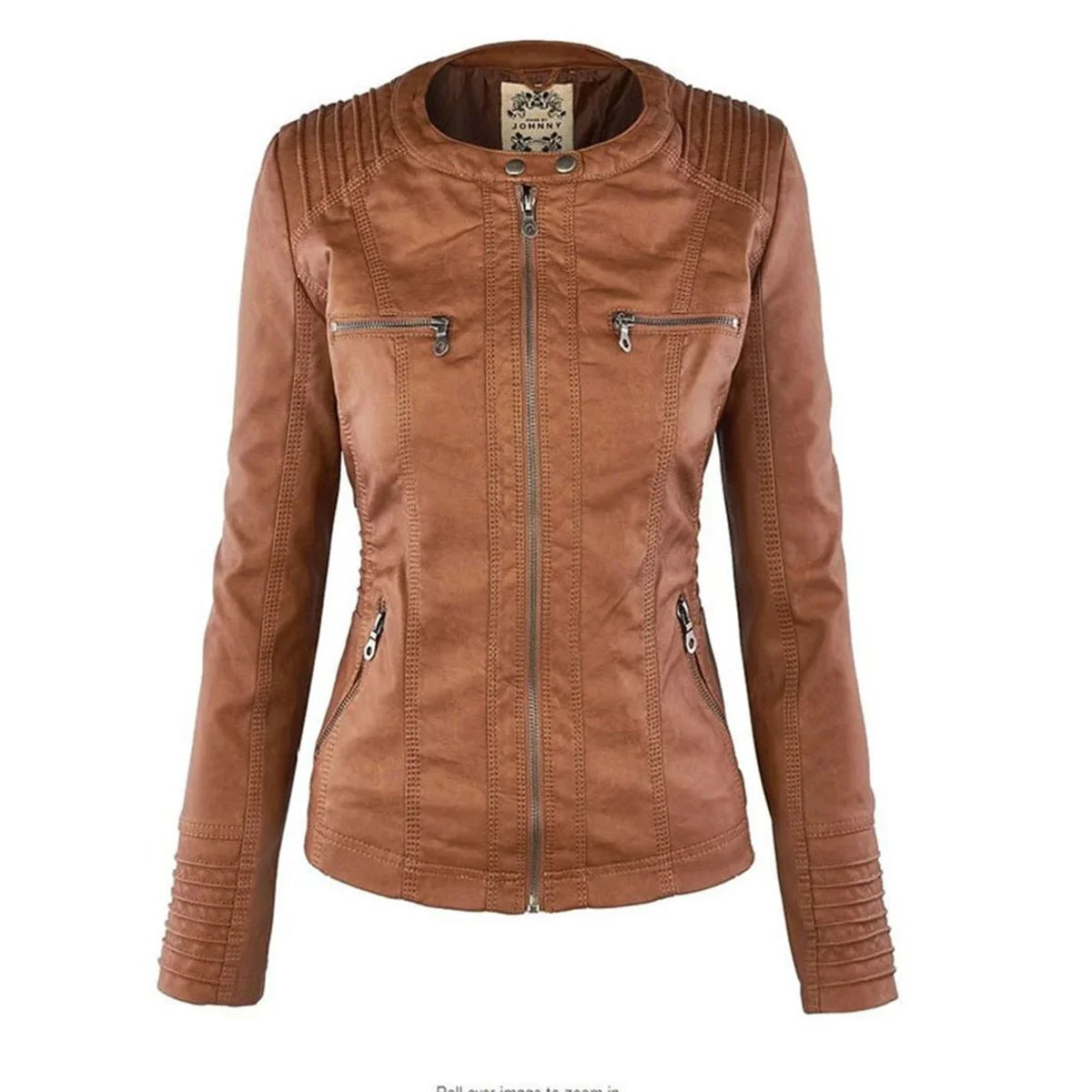 Women's hooded faux leather moto coat removable hood