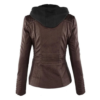 Women's hooded faux leather moto coat removable hood