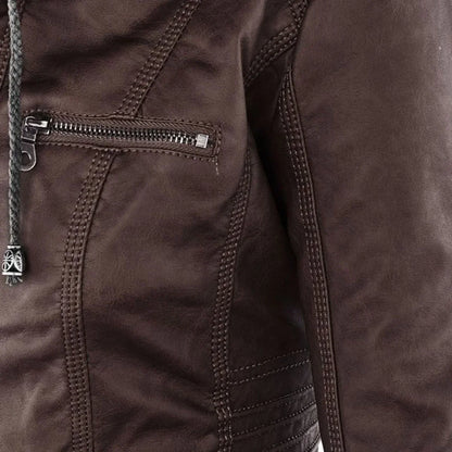 Women's hooded faux leather moto coat removable hood