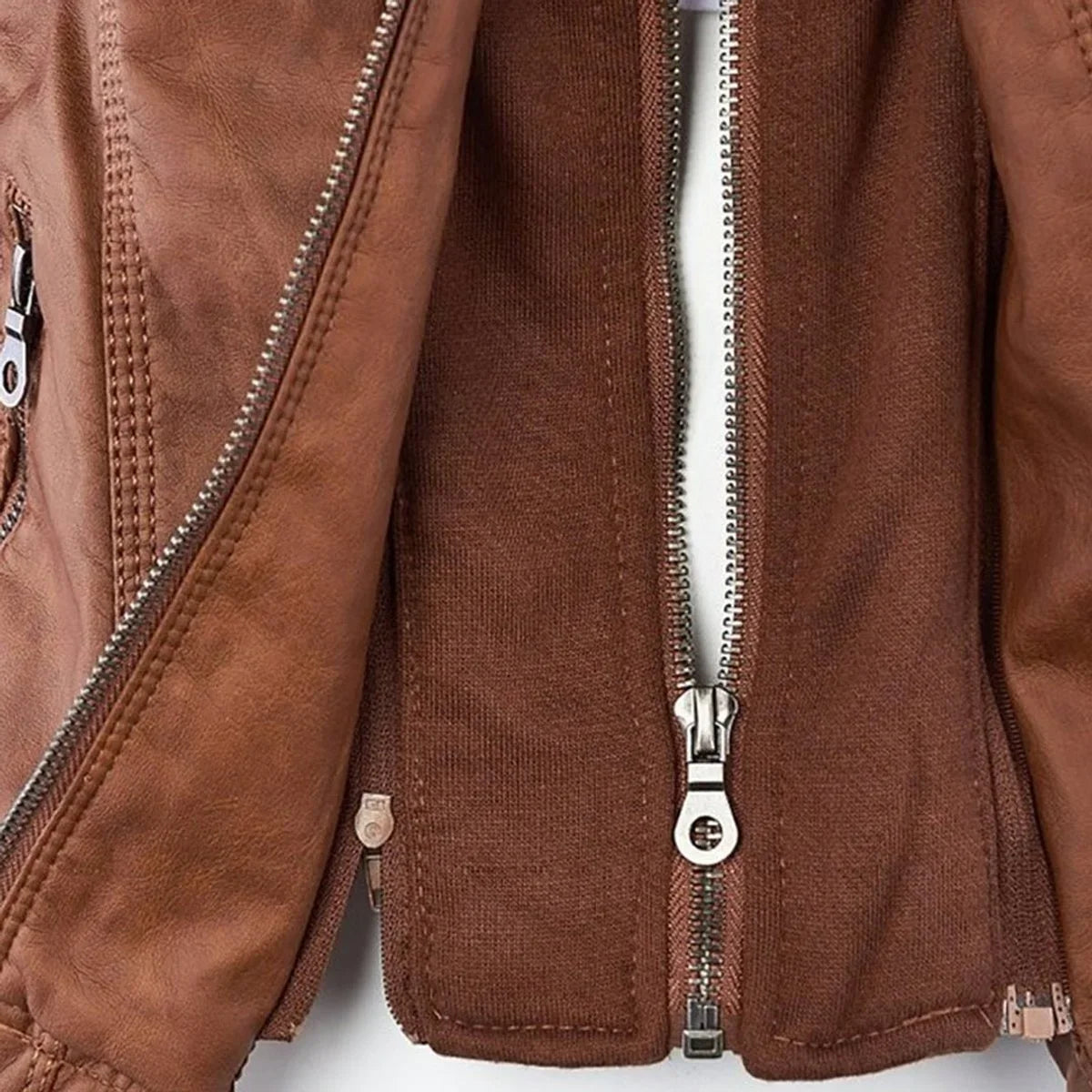 Women's hooded faux leather moto coat removable hood
