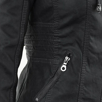 Women's hooded faux leather moto coat removable hood