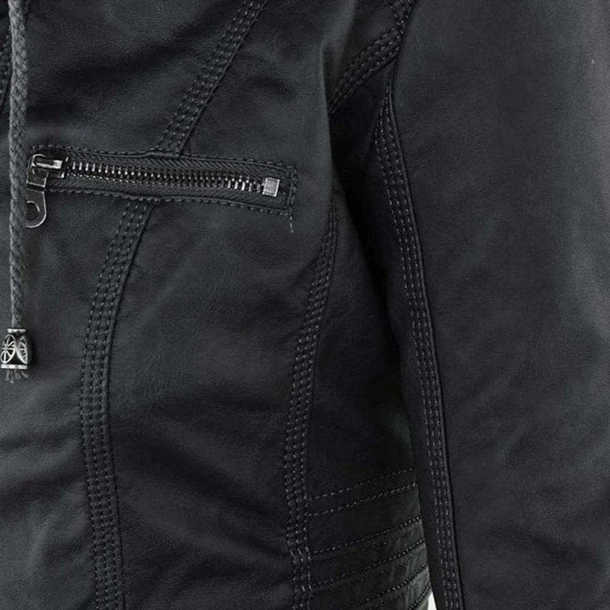 Women's hooded faux leather moto coat removable hood