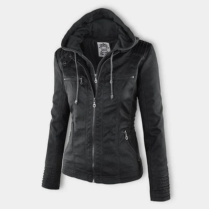 Women's hooded faux leather moto coat removable hood