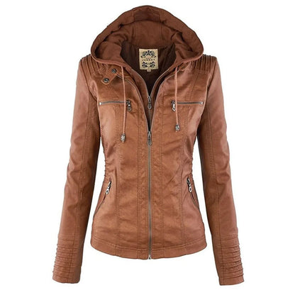 Women's hooded faux leather moto coat removable hood