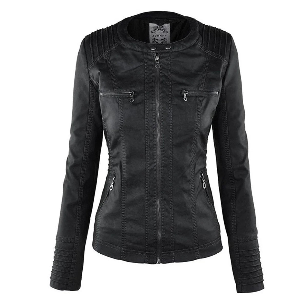Women's hooded faux leather moto coat removable hood