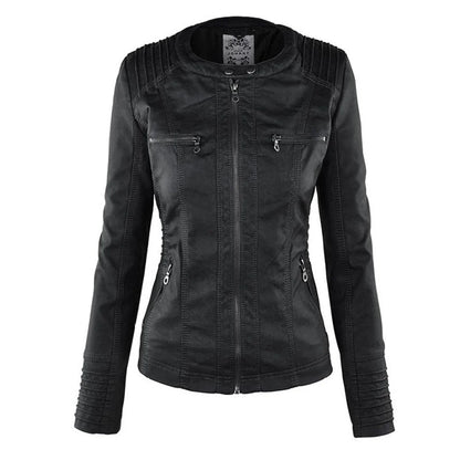 Women's hooded faux leather moto coat removable hood