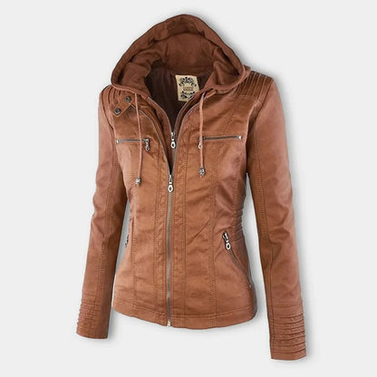 Women's hooded faux leather moto coat removable hood