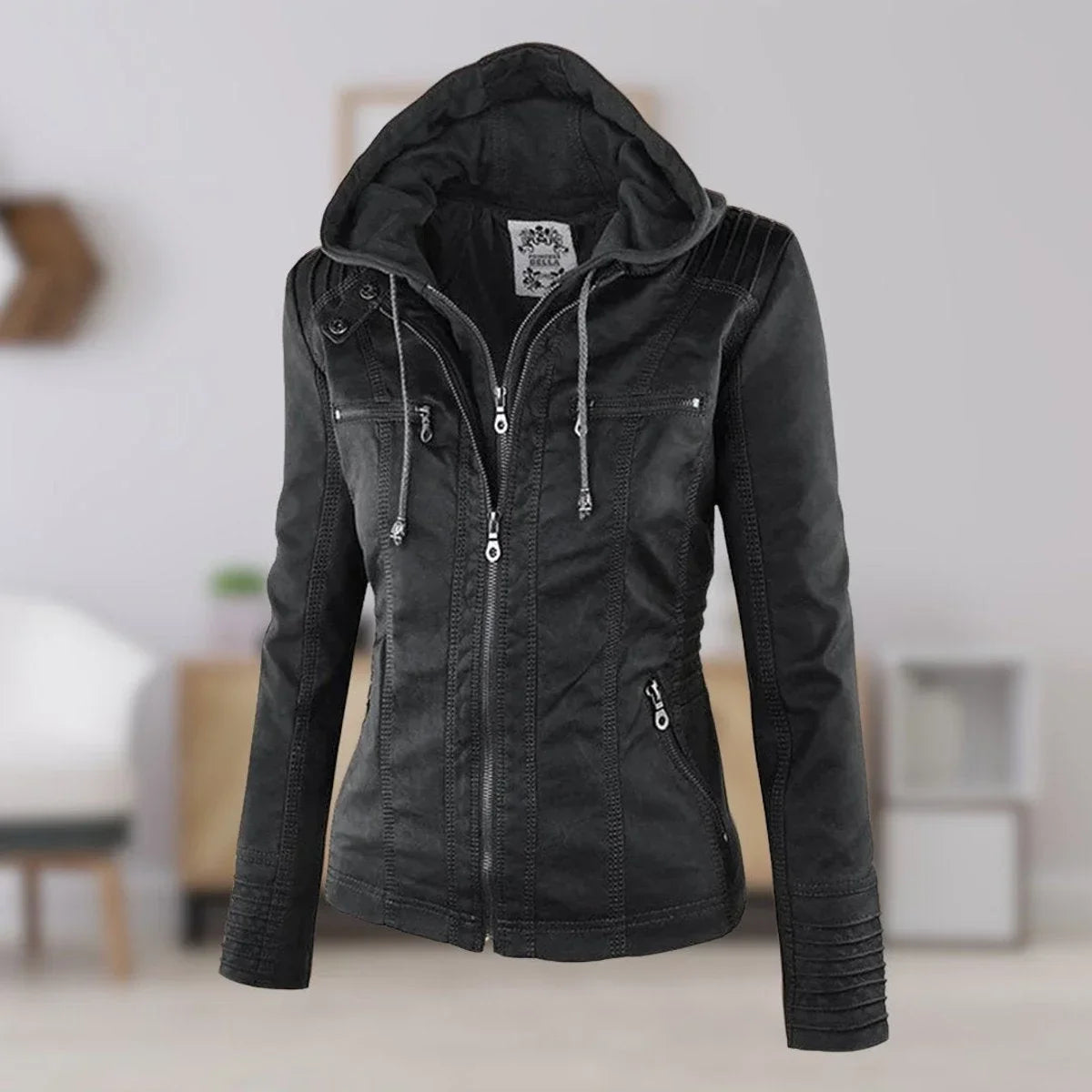 Women's hooded faux leather moto coat removable hood – Black